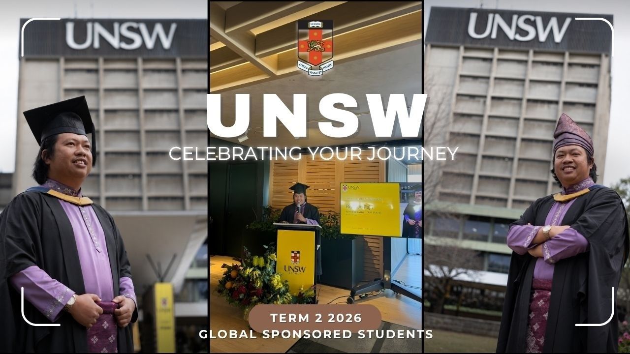 Riyan Al Fajri in academic dress and Malay attire at UNSW, and speaking at the podium